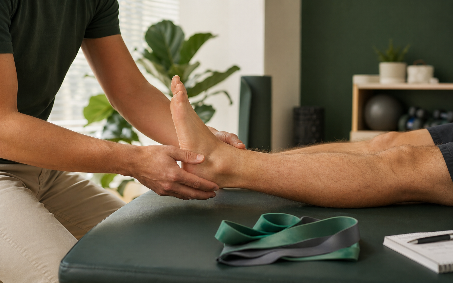 Fisioterapeuta avaliando mobilidade do tornozelo durante atendimento terapêutico